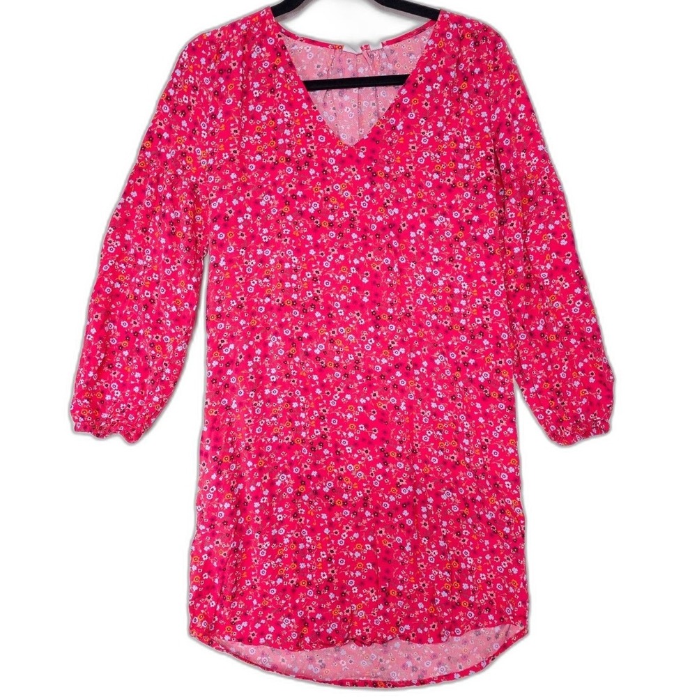 GAP Pink Floral V-Neck Long Sleeve Dress S Ditsy Print Rayon Shift Mini